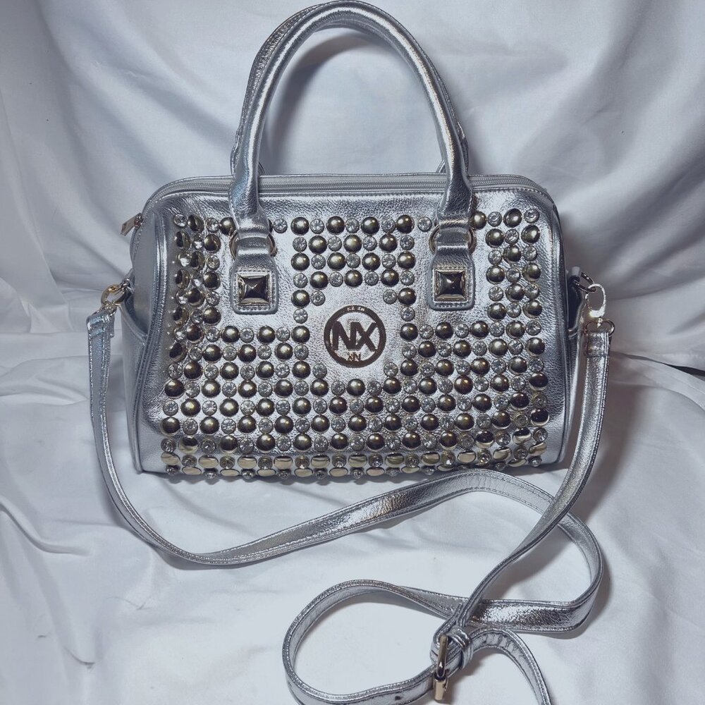 NX Silver Studded/Diamond Shoulder/Tote Bag-Removable Strap-Metallic Silver-Shin